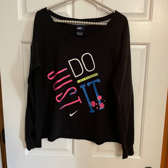 Nike Tops - Nike Ladies Black Neon Just Do It Wide Neck Long Sleeve Sweatshirt Size M